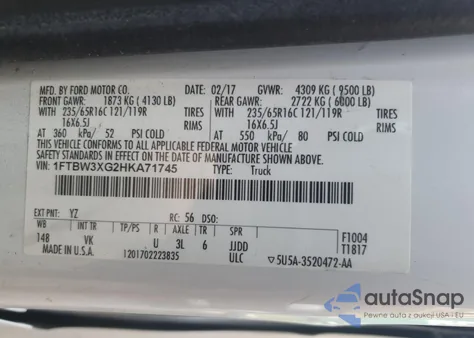 2017 Ford Transit T-350 z USA, uszkodzony, nr VIN 1FTBW3XG2HKA71745